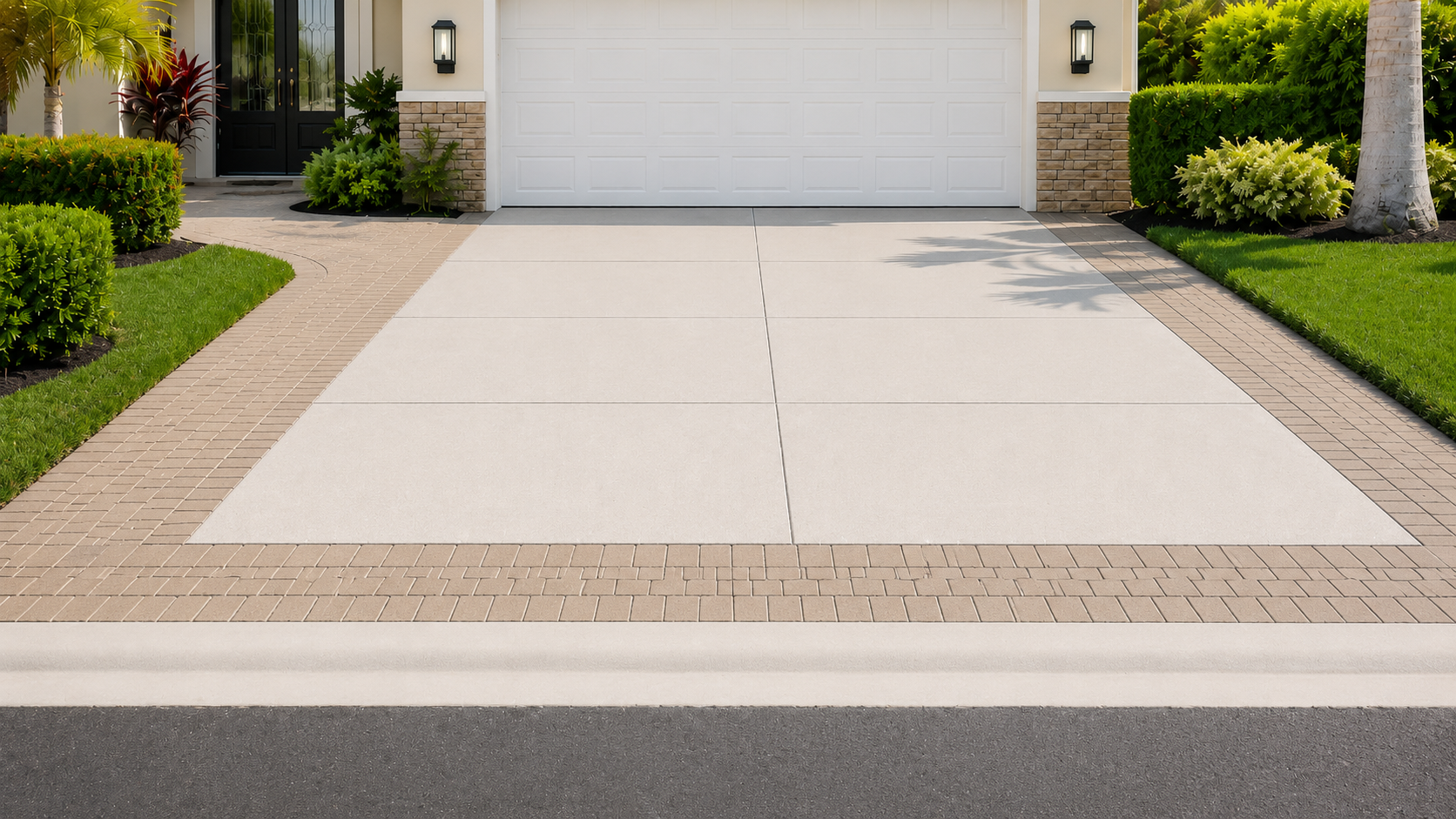 Clean residential concrete driveway with paver borders after driveway cleaning