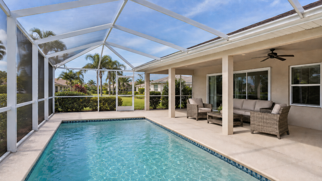 Clean pool deck, screen enclosure, and covered lanai at a Cape Coral home