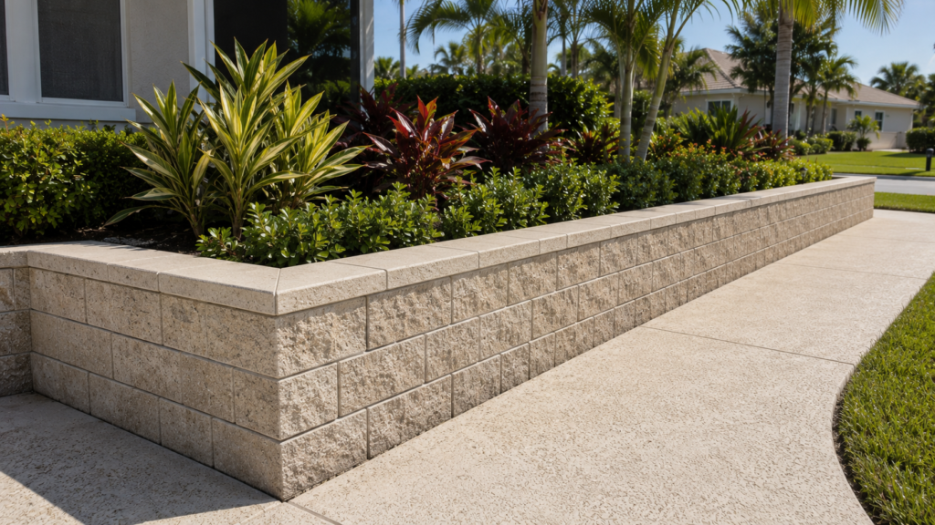 Freshly cleaned masonry landscape wall and hardscape at a Cape Coral home