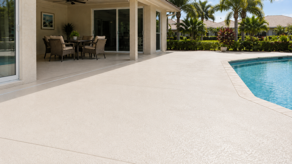 Freshly cleaned textured pool deck surrounding a residential pool in Cape Coral