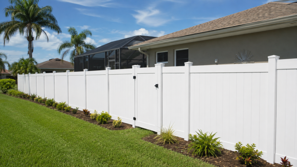 Freshly cleaned vinyl fence at a Cape Coral home with evenly cleaned panels, posts, and gate