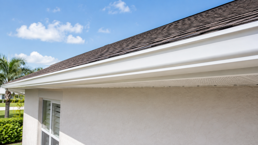 Freshly brightened white gutter face on a one-story Cape Coral home