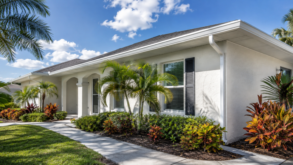 Freshly washed stucco home with clean soffits, trim, and gutter faces in Cape Coral